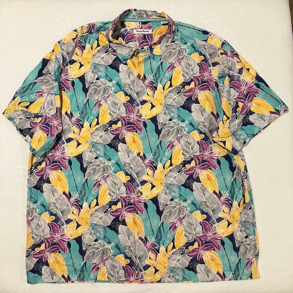 Tommy Bahama Ibiza Beach Silk Shirt Men's Size XXXL 3XL Teal Purple Floral